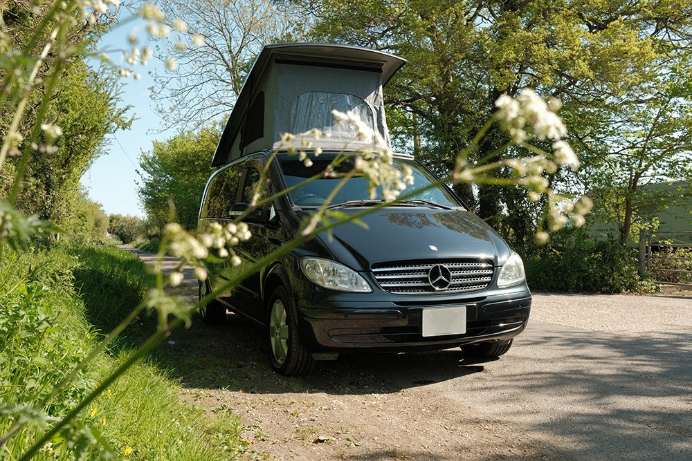 Petrol campervans | Mercedes Viano campervan with Free Spirit Campervans branding on the number plate. 